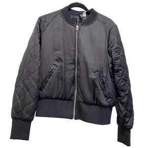 H&M Satin Quilted Sleeve Crop Bomber Jacket | Black